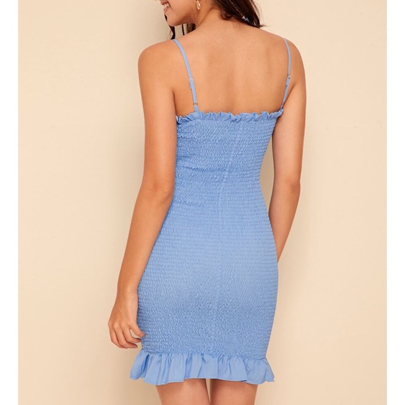 Blue Shirred Ruffle Hem Bodycon Cami Mini Dress - Picture 2 of 6